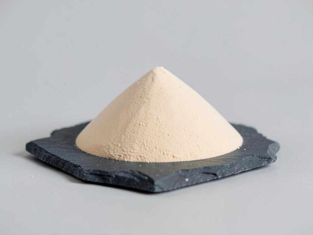 Potato protein shown as a fine pale tan powder mound in a neutral studio photograph