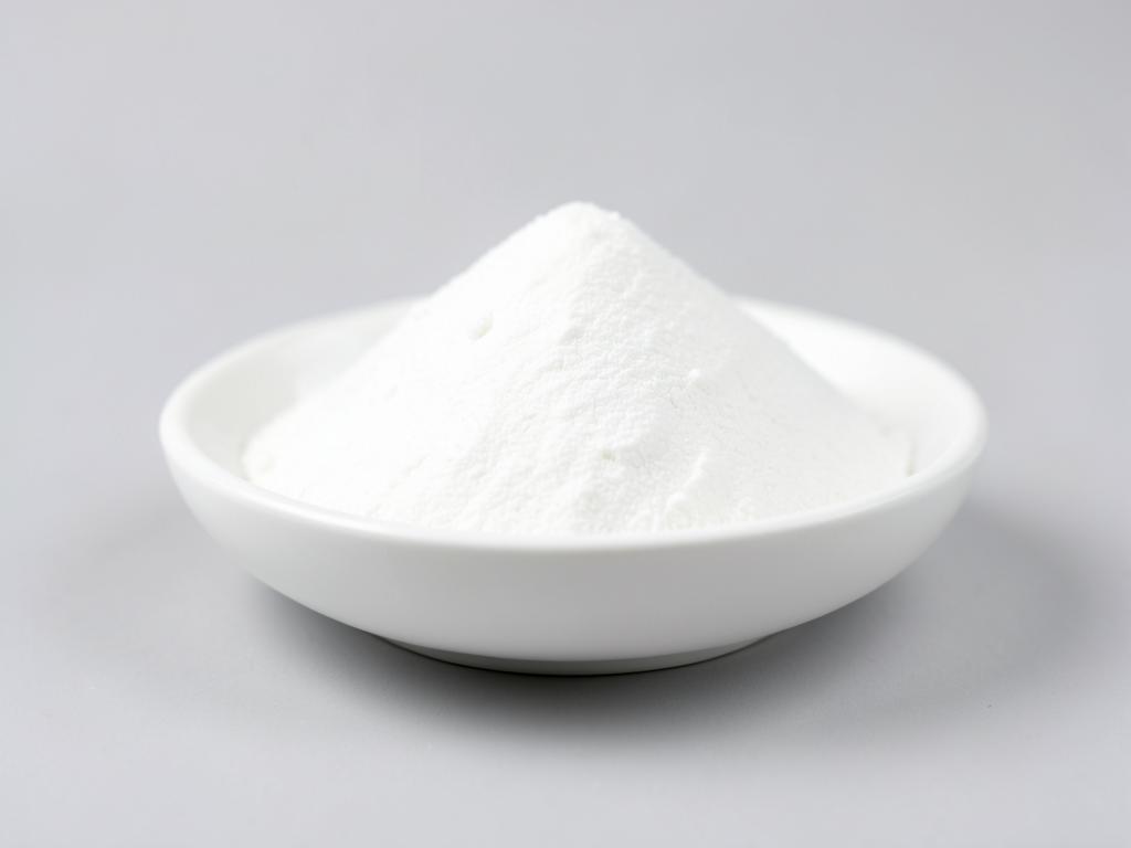 Potato starch shown as a heap of very fine bright white powder in a neutral studio photograph