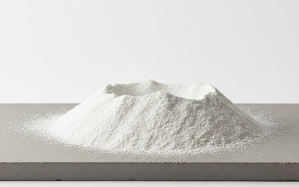 Grade confirmed at quotation — fine, white to light-grey mineral or synthetic powder with a dry, non-clumping and gritty or silky texture, studio product photograph