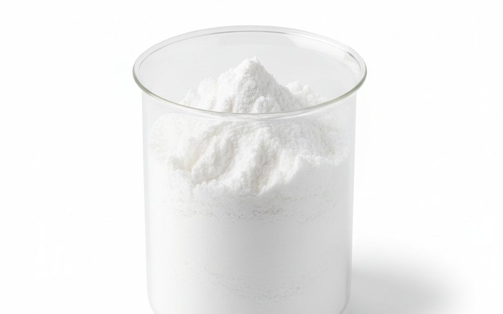 Powdered Cellulose — a bright white, odorless, and tasteless fibrous powder with a soft, lightweight texture, appearing as a fluffy heap in beakers, studio product photograph
