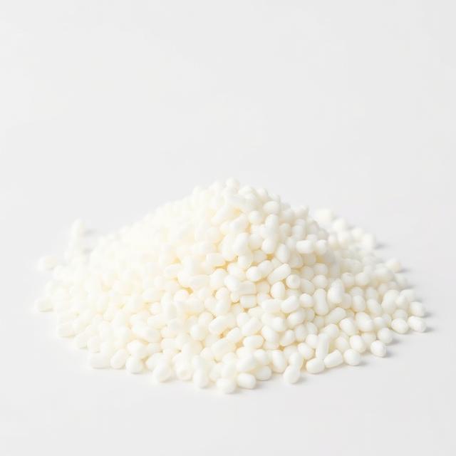 White polypropylene masterbatch pellets shown as a neutral studio product photograph