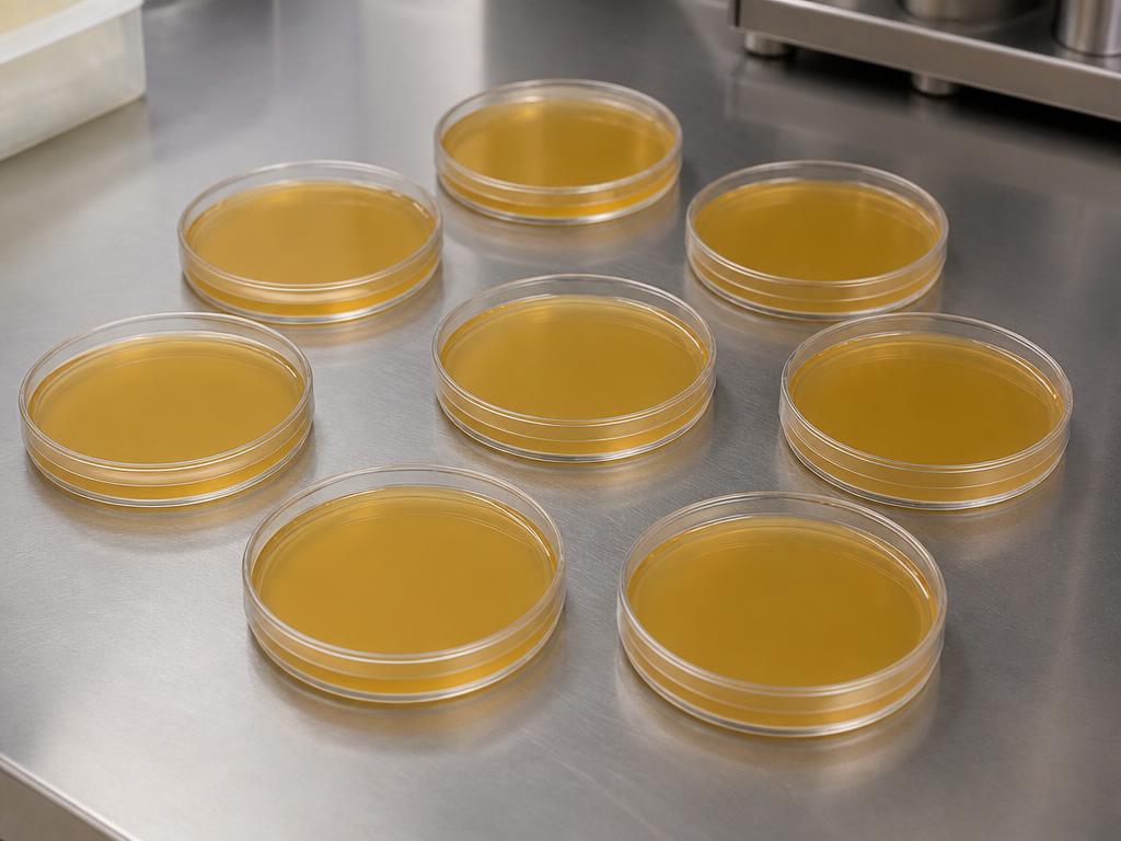 Microbiological culture media shown as a neutral laboratory photograph of unlabelled petri dishes of amber agar on a stainless steel bench