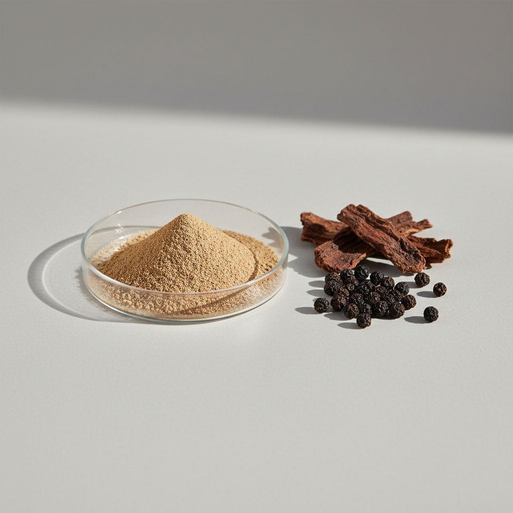 Illustrative studio sample of Prickly Ash Extract beside Zanthoxylum spp. source material