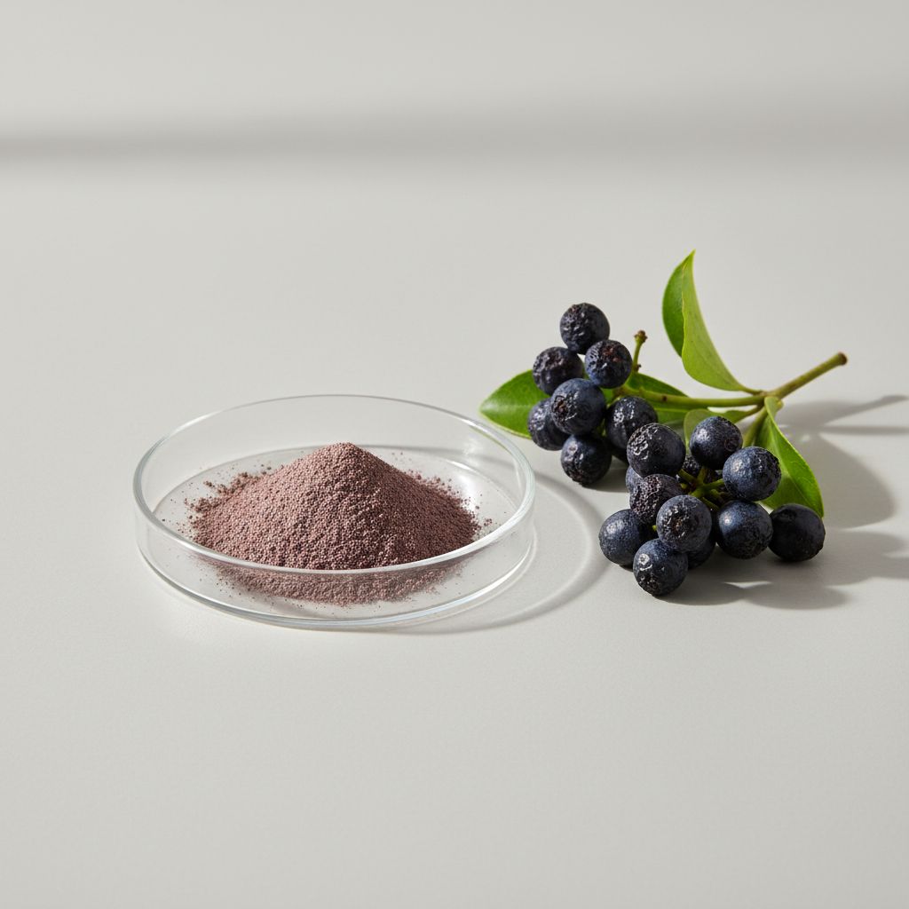 Illustrative studio sample of Glossy Privet Fruit Extract beside Ligustrum lucidum source material