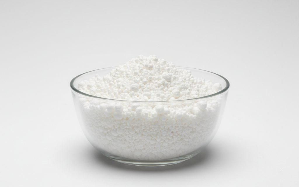 Grade confirmed at quotation — free-flowing white pellets or granular powder with a dense structure, designed to integrate seamlessly into polymer melt streams, studio product photograph