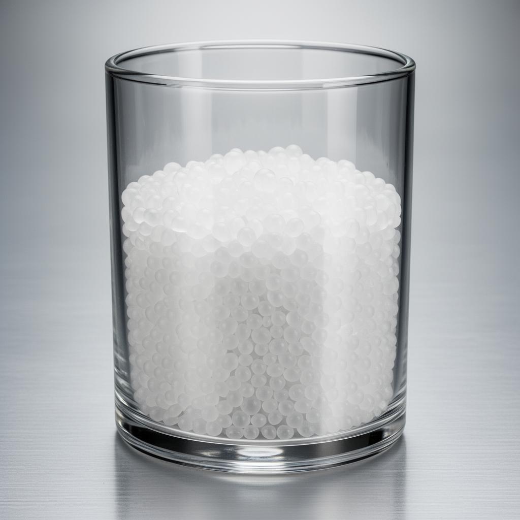 NexusPlas Purge-X Express — frosted pearlescent purging pellets in a glass container on brushed steel