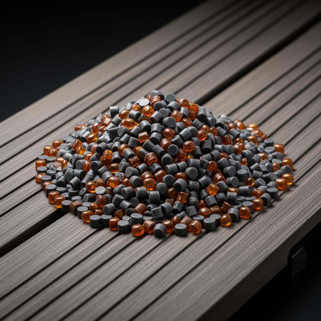 NexusPlas WPC-UltraBond 90 — charcoal and amber masterbatch pellets on composite decking