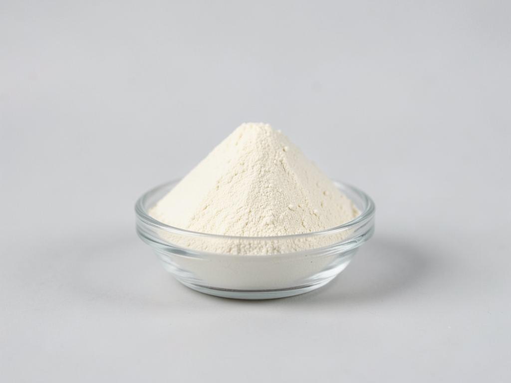 Propyl gallate shown as a very fine creamy white powder mound in a small glass dish in a neutral studio photograph