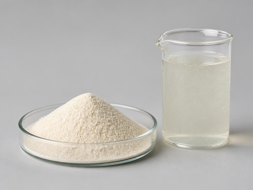 Off-white propylene glycol alginate powder in a shallow glass dish beside a beaker of stabilised beverage liquid on a neutral studio background