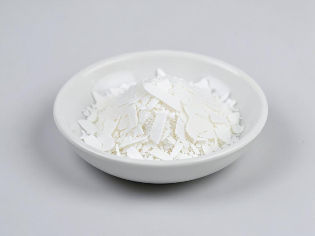Propylene glycol monostearate shown as thin white waxy flakes in a shallow dish in a neutral studio photograph