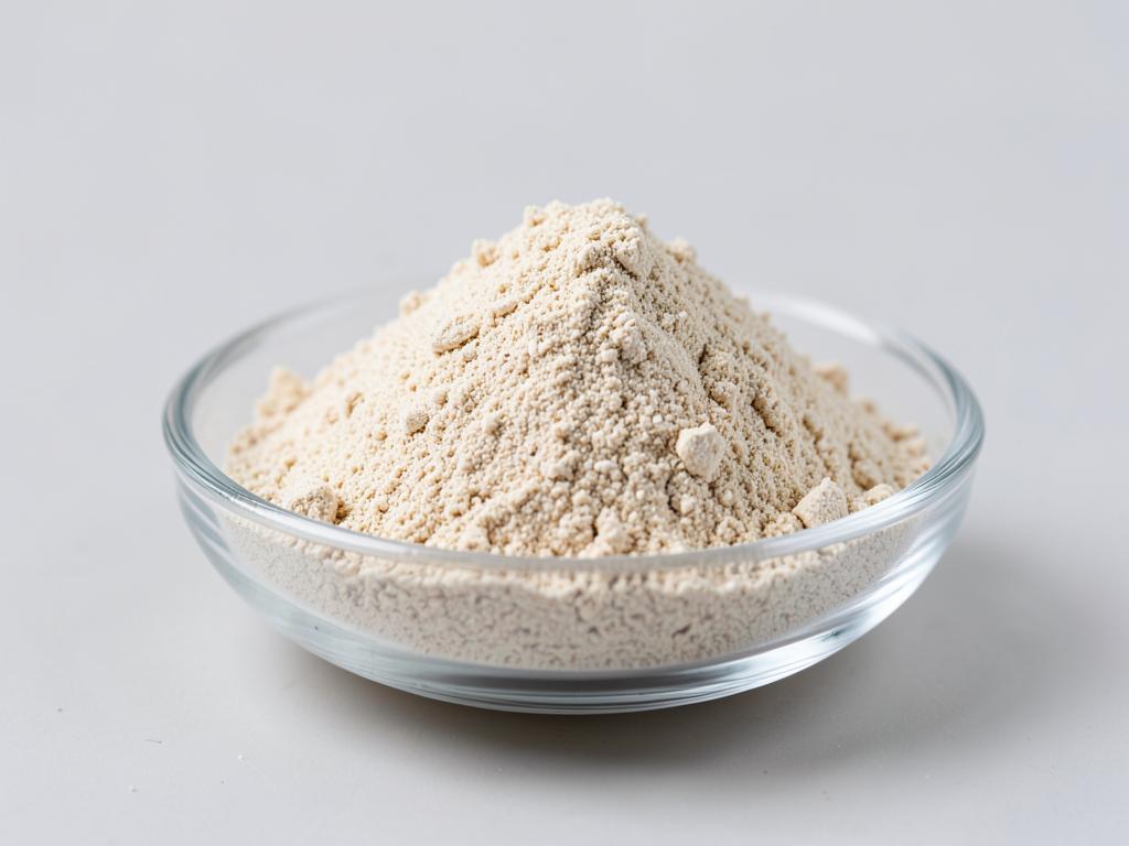 Psyllium Husk Powder shown as a fine milled fibre powder in a shallow dish in a neutral studio photograph
