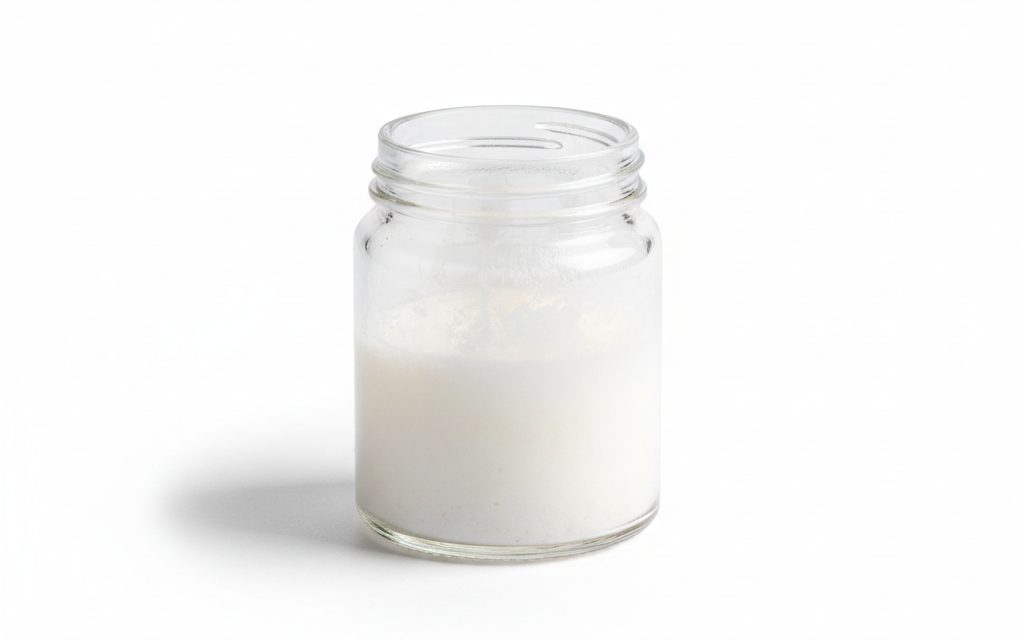 Grade confirmed at quotation — milky white to translucent liquid spray that dries into a white, powdery, non-oily solid film with a smooth, low-friction texture, studio product photograph