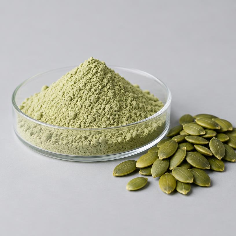 Pumpkin Seed Extract — Supplement Grade — studio photograph of fine extract powder, presented as a B2B sourcing category illustration