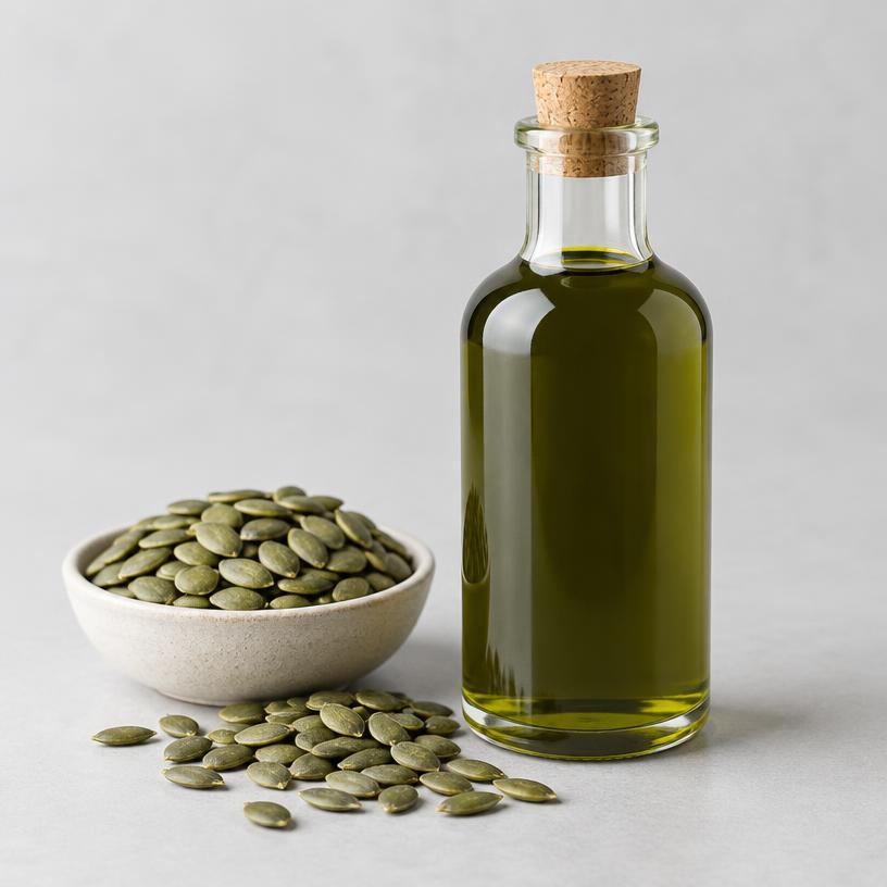 Pumpkin Seed Oil — Food Grade — studio photograph of dark green to reddish oil, presented as a B2B sourcing category illustration