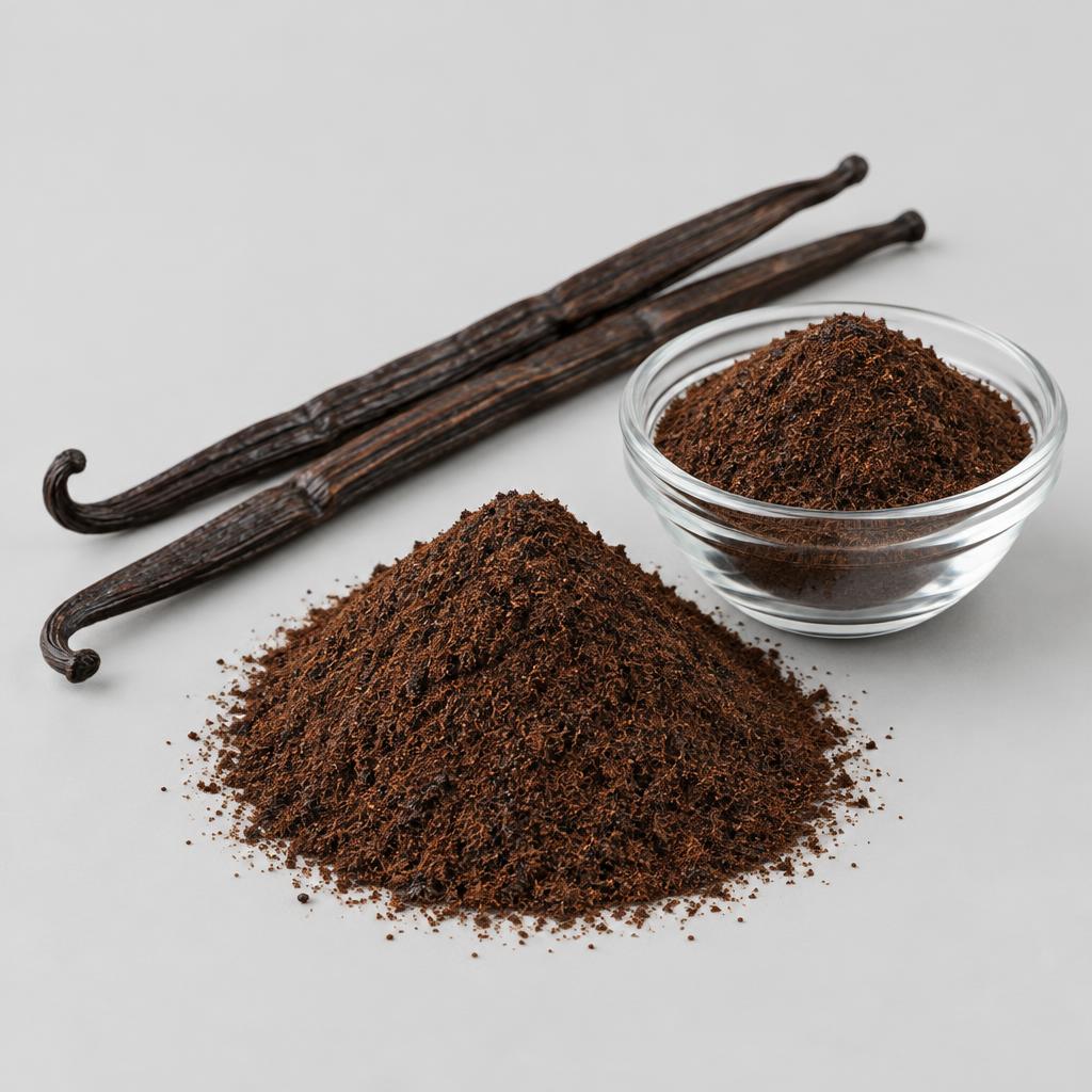 Neutral product illustration of dark brown ground whole-bean vanilla powder beside cured vanilla pods