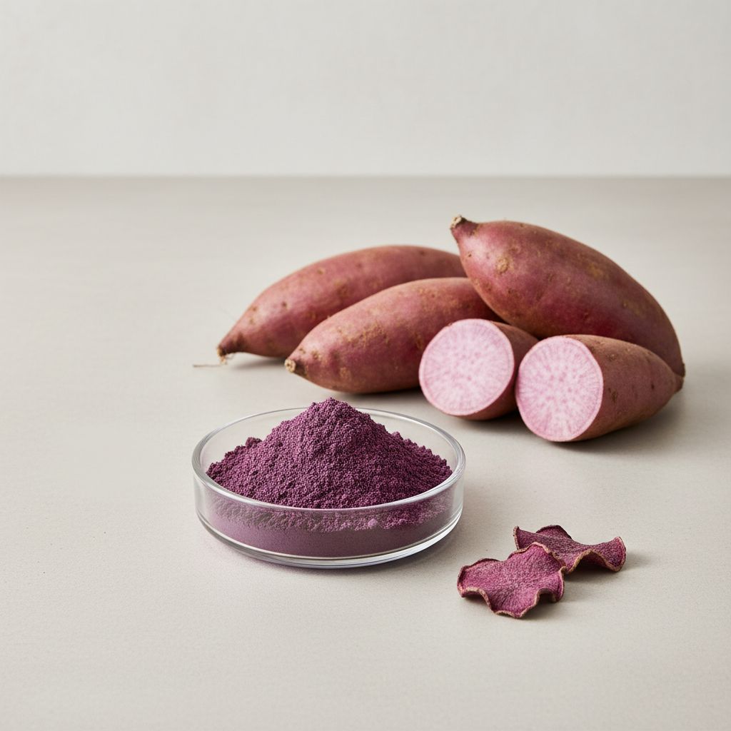 Illustrative studio sample of Purple Sweet Potato Powder beside Ipomoea batatas source material