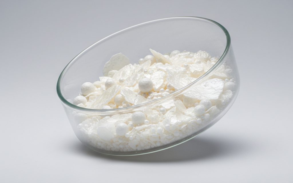 Pvc Lubricant — white to off-white waxy flakes, beads, or powder, possessing a slippery, low-friction surface feel when handled, studio product photograph