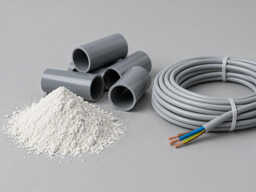 Off-white additive powder beside grey PVC pipe pieces and insulated cable, studio product photograph