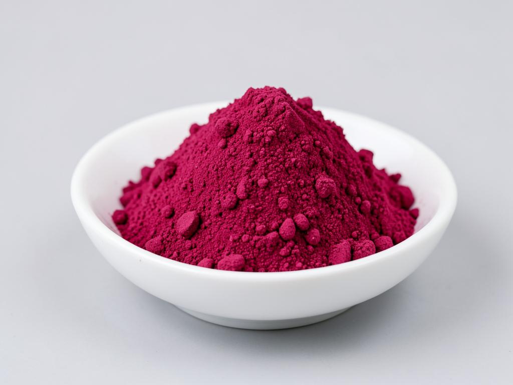 Red radish anthocyanin colour shown as a deep pink-red powder heap in a neutral studio photograph