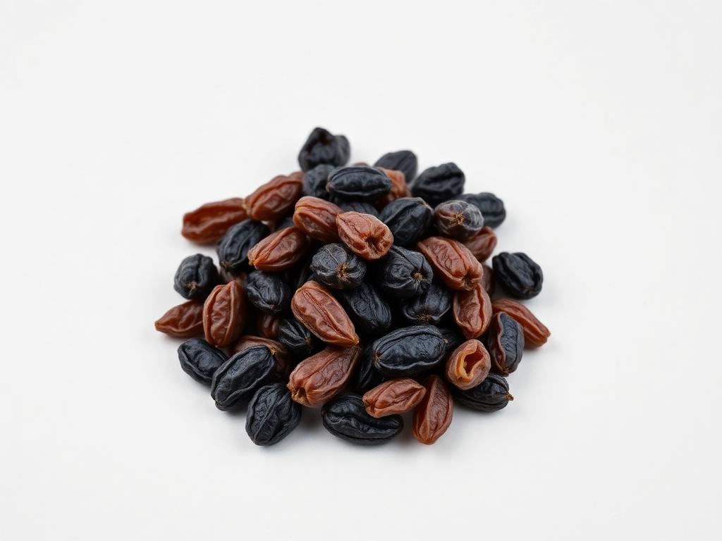 Small heap of dark wrinkled seedless raisins on a neutral background
