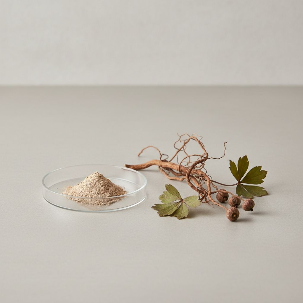 Illustrative studio sample of Ranunculus Ternatus Root Extract beside Ranunculus ternatus source material