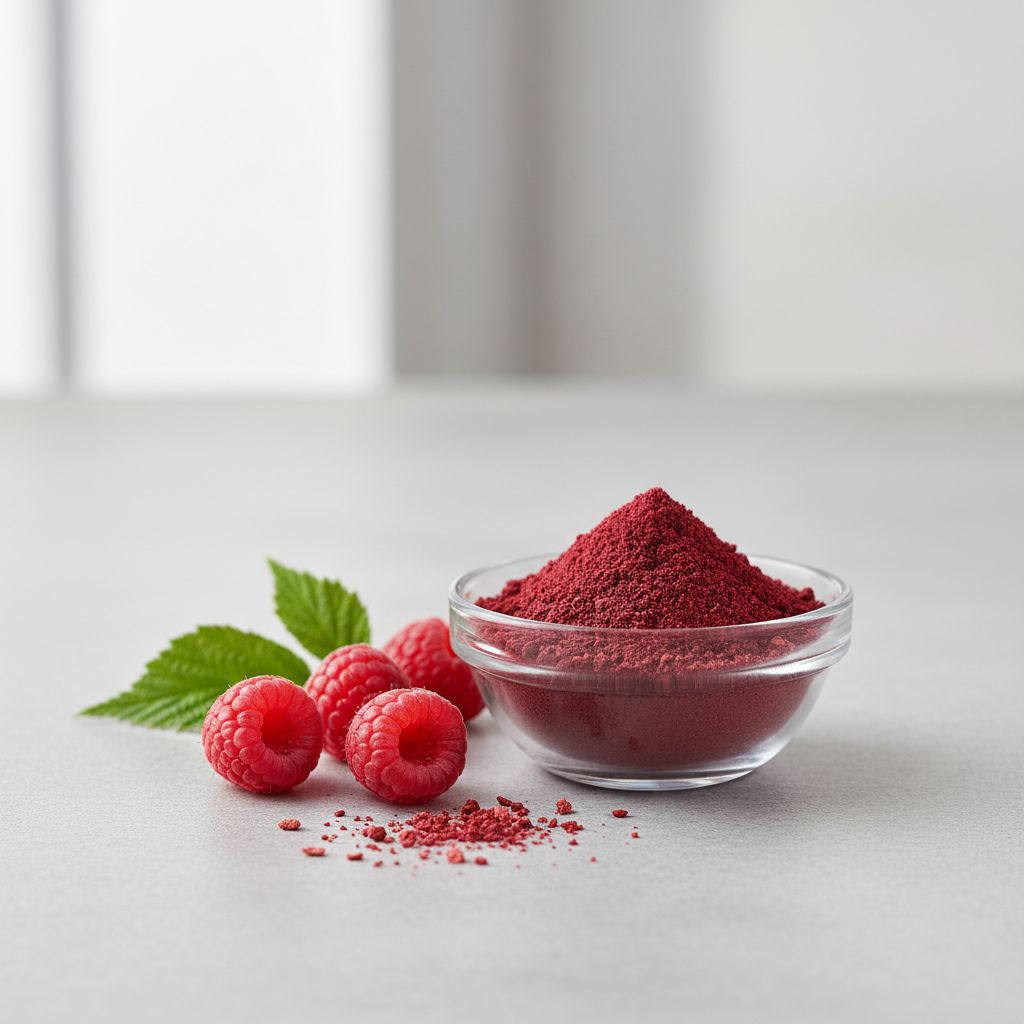 Illustrative studio sample of Raspberry Juice Powder beside Rubus idaeus source material