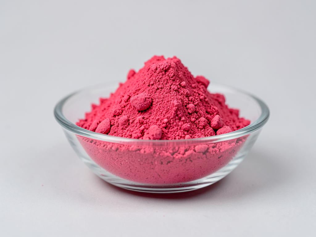 Raspberry Powder shown as a fine dried fruit or vegetable powder in a shallow dish in a neutral studio photograph