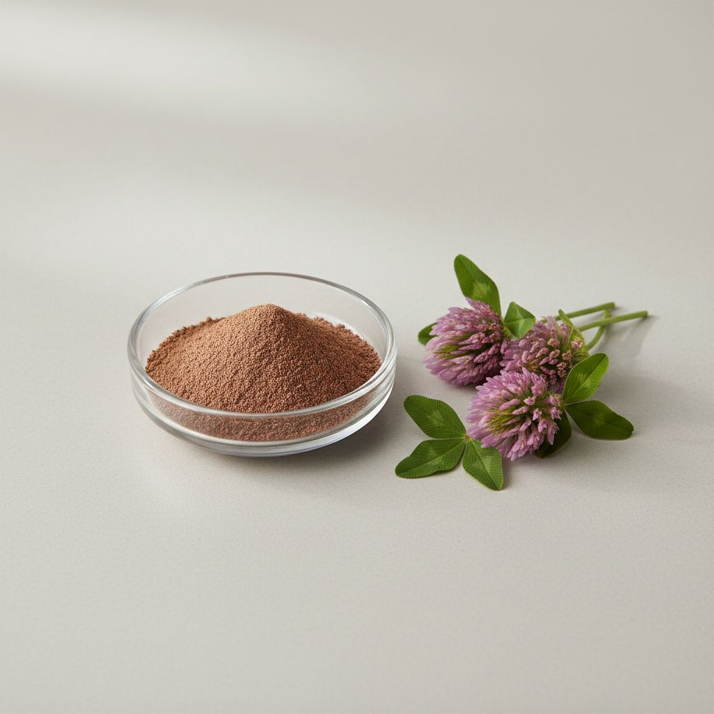 Illustrative studio sample of Red Clover Extract beside Trifolium pratense source material