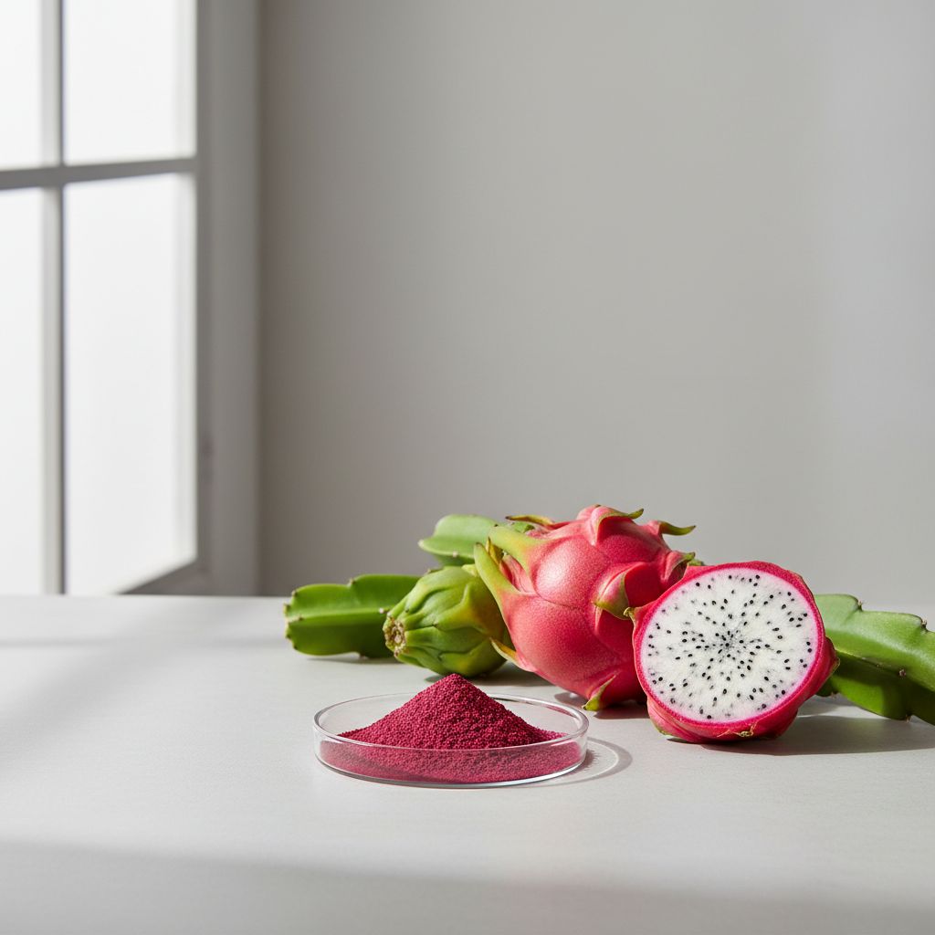 Illustrative studio sample of Red Pitaya (Dragon Fruit) Extract beside Selenicereus spp. source material