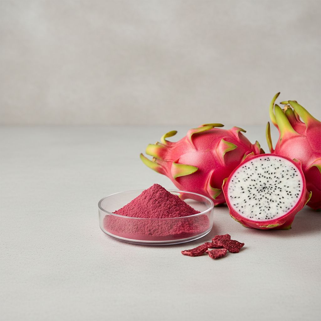 Illustrative studio sample of Red Pitaya (Dragon Fruit) Powder beside Selenicereus spp. source material