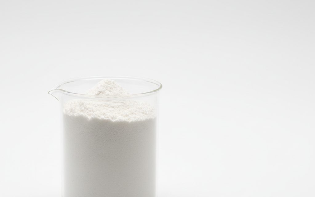 Redispersible Polymer Powder — fine, white organic polymer powder that is free-flowing and designed to revert into an emulsion when mixed with water, studio product photograph