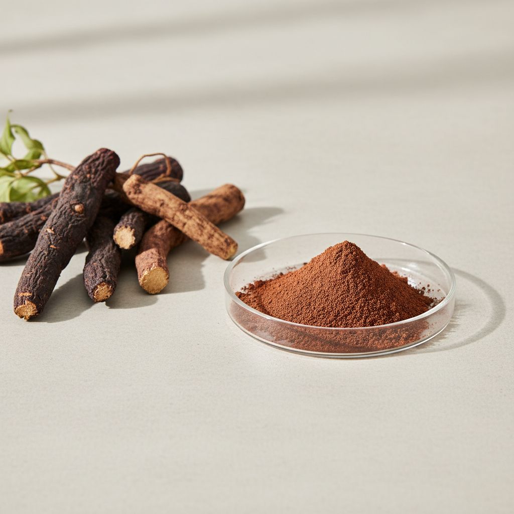 Illustrative studio sample of Rehmannia Root Extract beside Rehmannia glutinosa source material