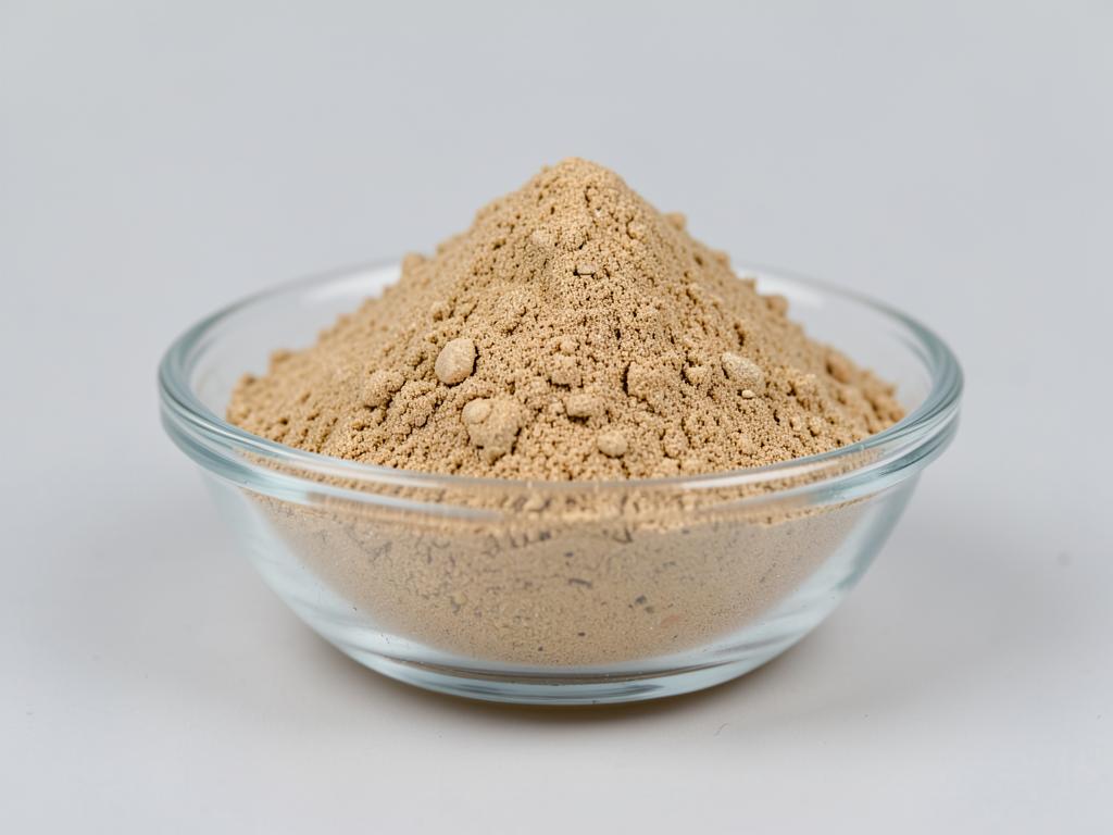 Reishi Mushroom Powder shown as a fine dried mushroom powder in a shallow dish in a neutral studio photograph
