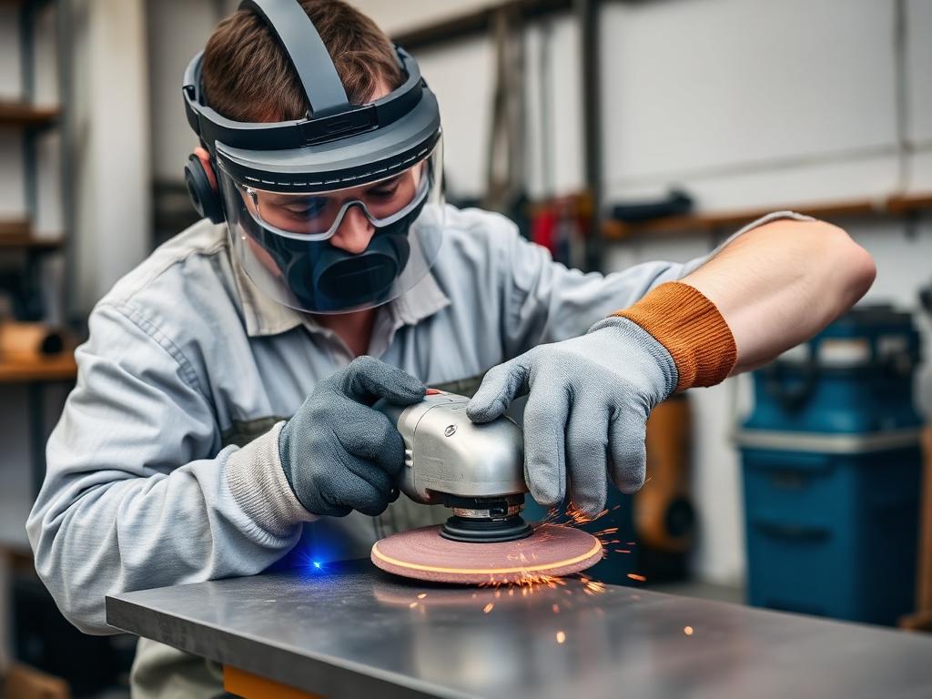 Operator in face shield and gloves sanding a steel plate with an angle grinder fitted with a resin fiber disc and backing pad