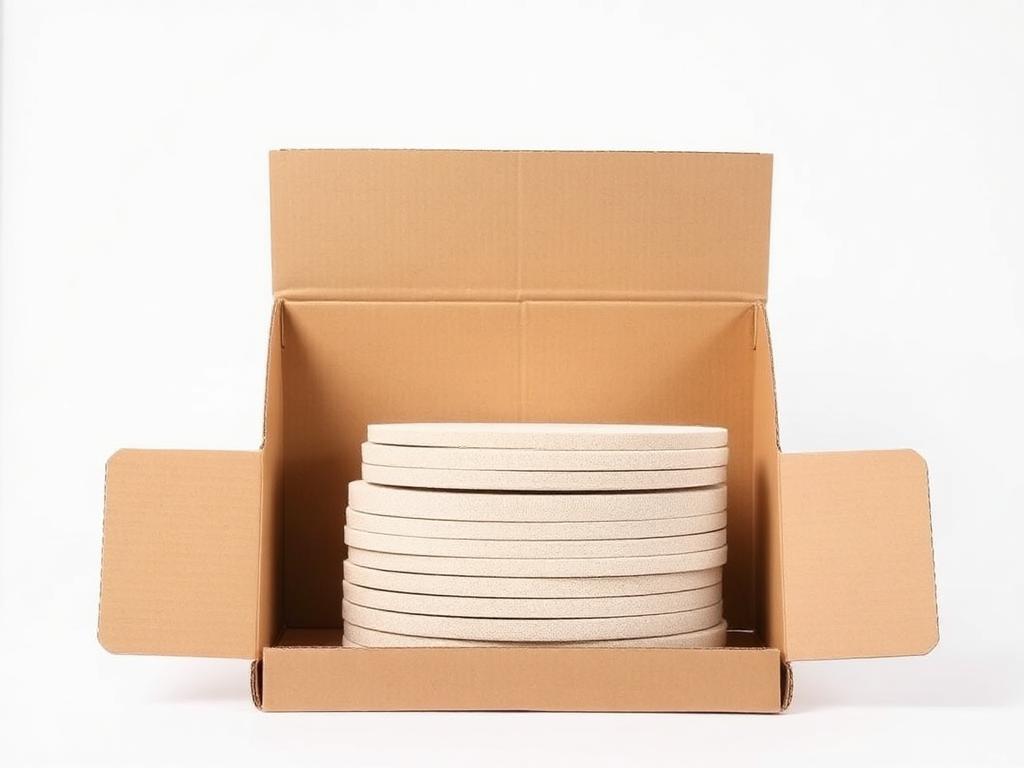 Open carton holding a stack of unbranded resin fiber discs for bulk industrial supply