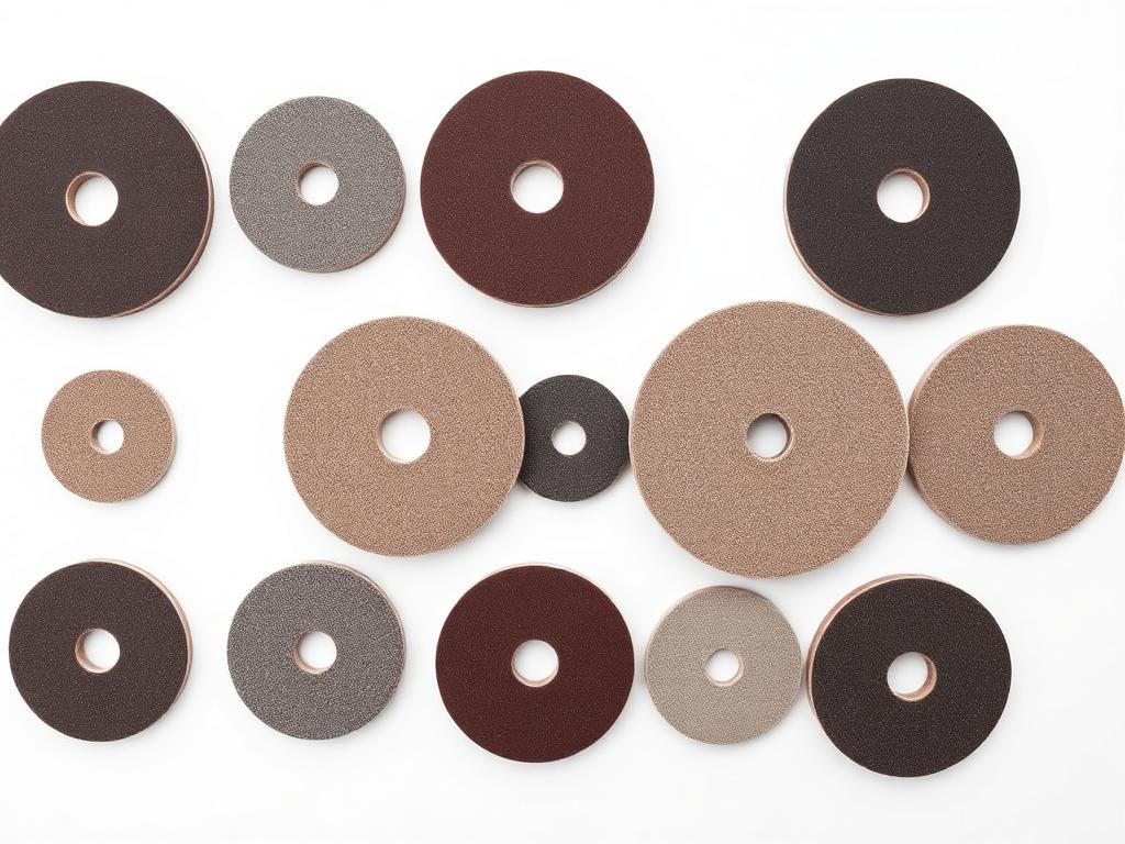 Range of resin fiber discs in several diameters and abrasive grit coarseness laid out for comparison