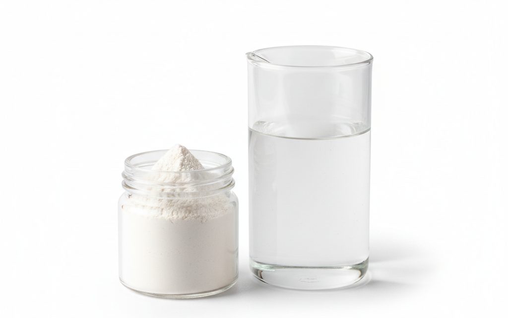 Resistant Dextrin / Soluble Corn Fibre — a white to off-white free-flowing powder that is highly water-soluble, appearing as a clear solution when mixed in a beaker, studio product photograph