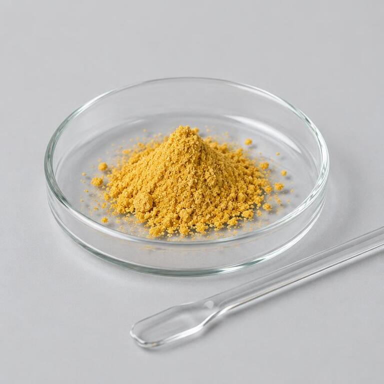 Illustrative studio sample of Rhein as ochre-yellow crystalline powder in a laboratory dish