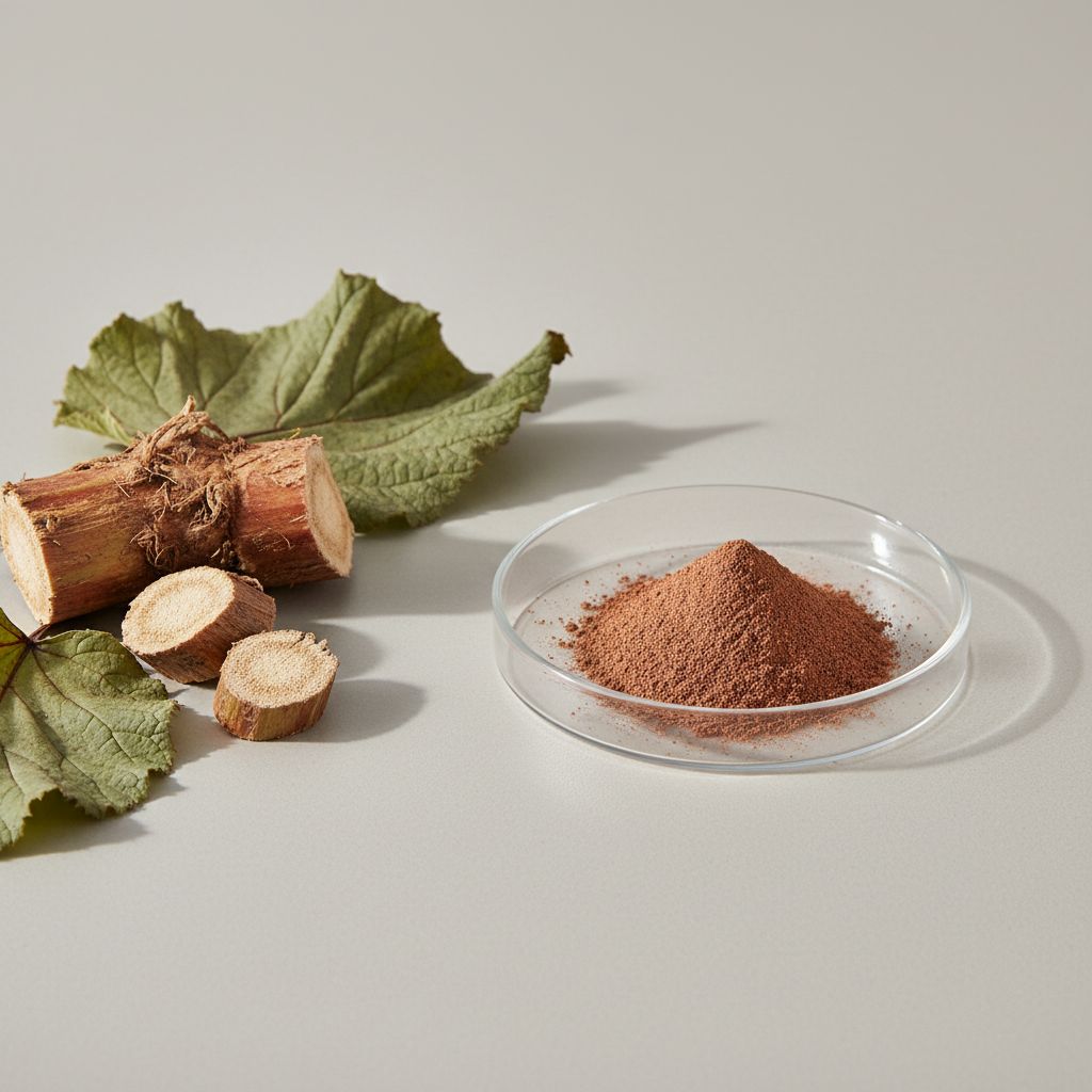 Illustrative studio sample of Rhubarb Extract beside Rheum palmatum source material