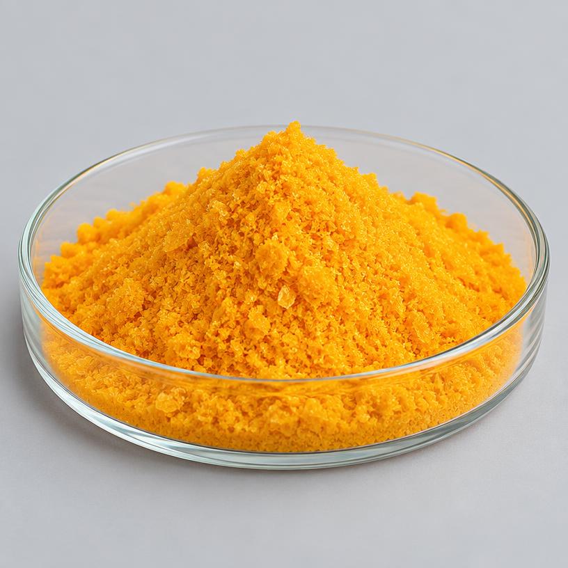 Riboflavin — Food & Nutraceutical Grade — studio photograph of yellow to orange-yellow crystalline powder, presented as a B2B sourcing category illustration