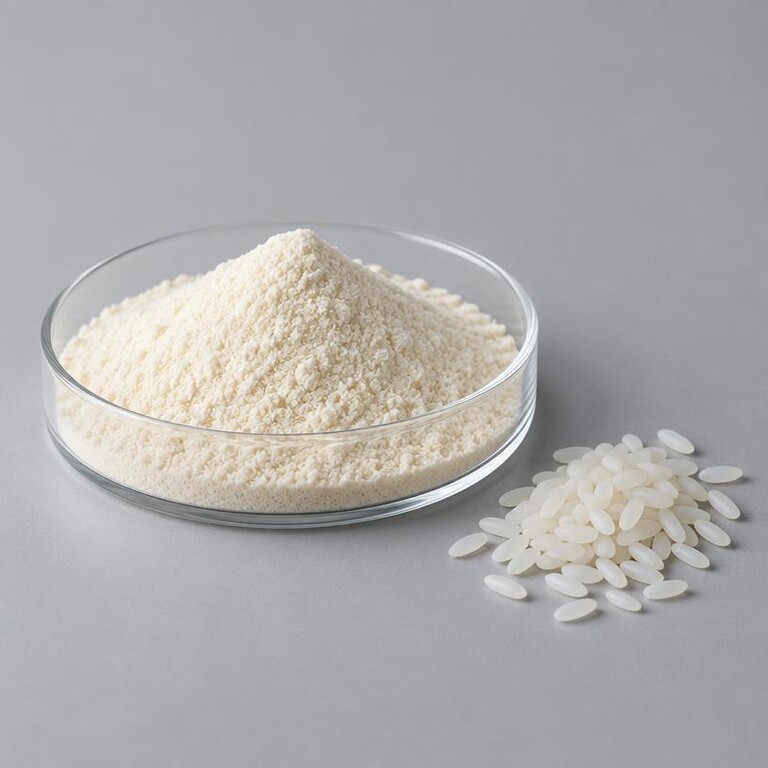 Illustrative studio sample of pale Rice Protein Peptide powder beside white rice grains