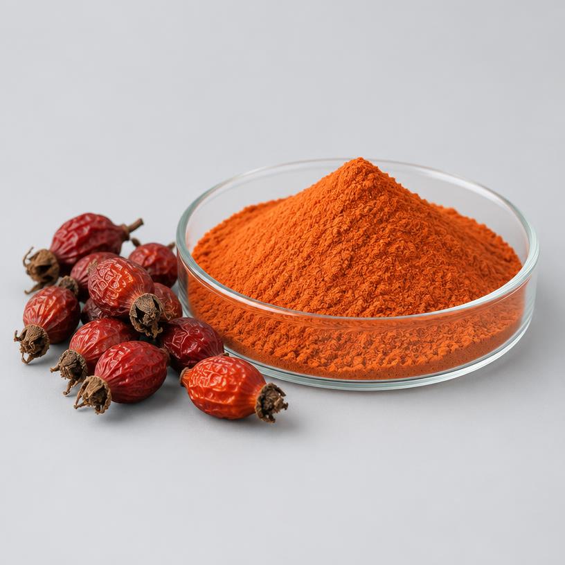 Rose Hip Extract — Supplement Grade — studio photograph of fine extract powder, presented as a B2B sourcing category illustration