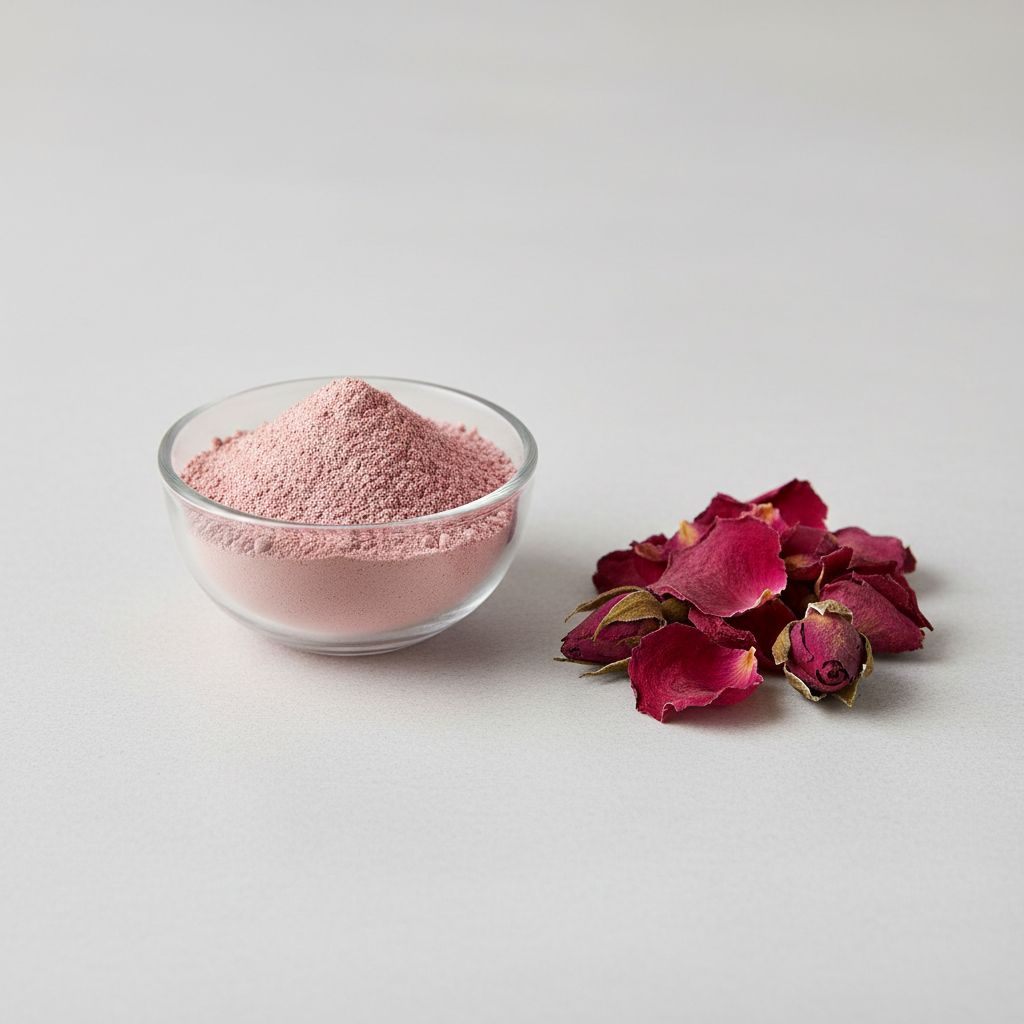 Illustrative studio sample of Rose Petal Powder beside Rosa spp. source material