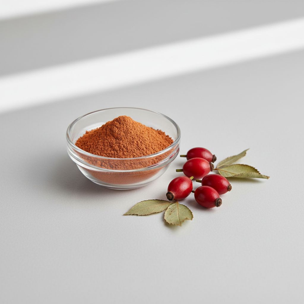 Illustrative studio sample of Rosehip Powder beside Rosa canina source material