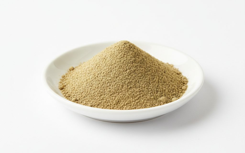 Rosemary Extract — a fine, light brown to greenish-tan powder, free from the typical pungent rosemary scent, typically shown in a laboratory dish, studio product photograph