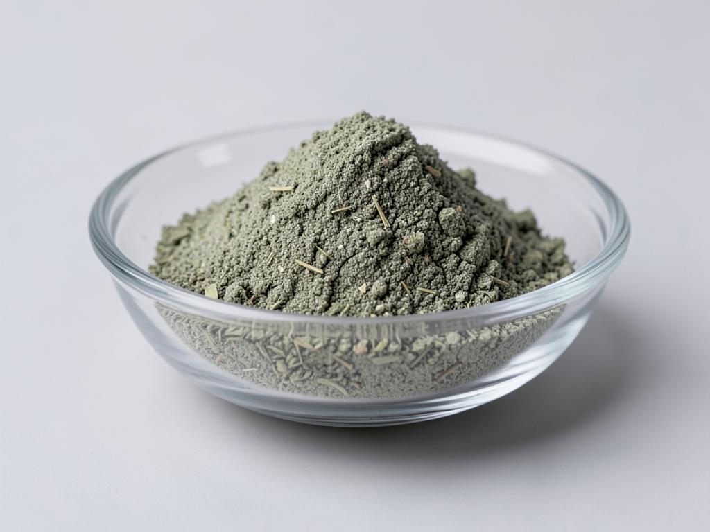 Rosemary Leaf Powder shown as a milled spice powder in a shallow dish in a neutral studio photograph