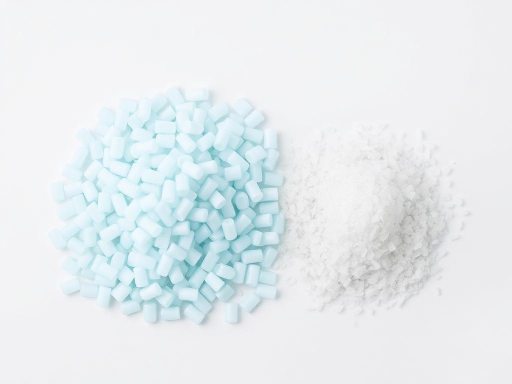 Small heap of pale blue-tinted recycled PET pellets and flake on a neutral studio background