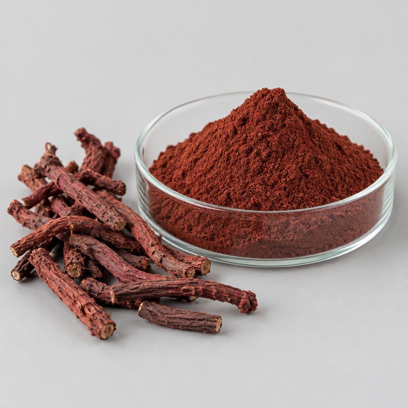 Rubia Cordifolia Extract — Supplement Grade — studio photograph of fine extract powder, presented as a B2B sourcing category illustration