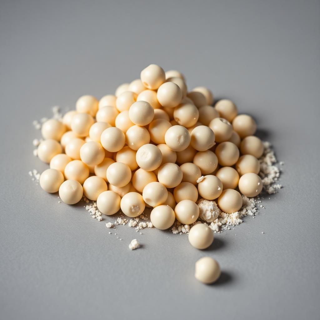 Rumen-protected methionine — pale cream coated spherical feed additive beads with a smooth protective coating, clearly distinct from loose powder, studio product photograph