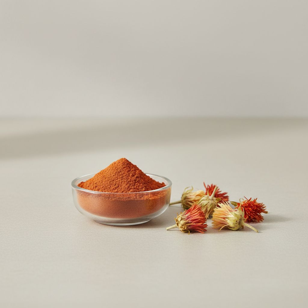 Illustrative studio sample of Safflower Flower Powder beside Carthamus tinctorius source material